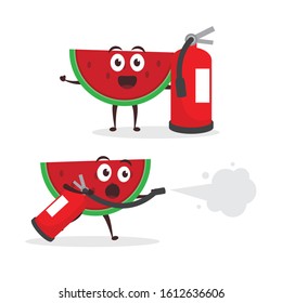 set Kawaii vector illustration character cartoon cute fruit watermelon mascot holding fire extinguisher in white background modern flat design brand