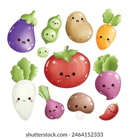 Set of Kawaii Vegetables Cartoon Clipart