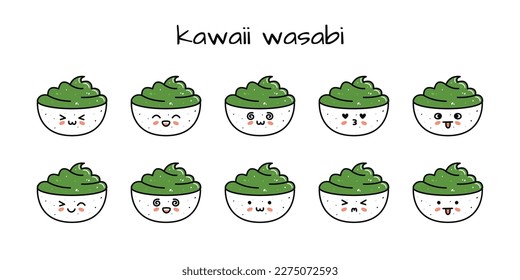Set of kawaii wasabi bowl sushi mascots in cartoon style. Cute hand drawn asian food for menu