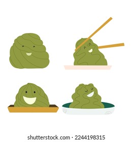 Set of kawaii wasabi characters. Vector illustration in flat style