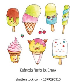 Set of Kawaii Watercolor Ice Cream Vector Illustration