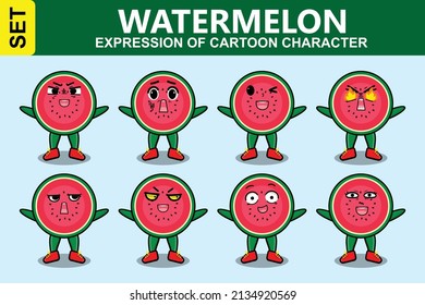 Set kawaii watermelon cartoon character different expressions of cartoon face vector illustrations