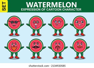 Set kawaii watermelon cartoon character different expressions of cartoon face vector illustrations