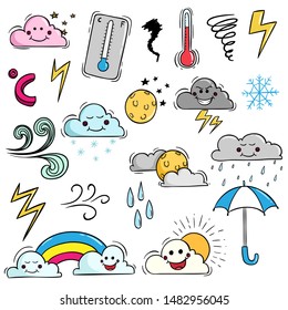 Set of Kawaii Weather With Cute Expression by Using Colored Doodle Style