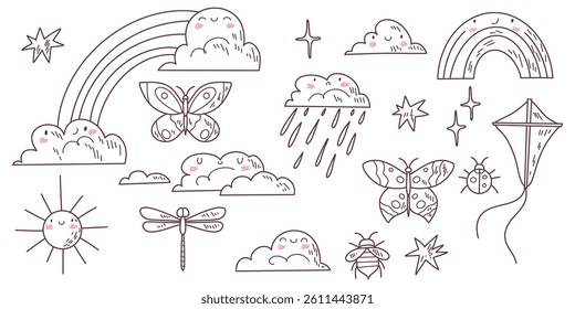 Set of kawaii weather elements. Childish clouds, rainbow, insects and sun with emotions. Good for patterns, posters, paper and scrapbooking