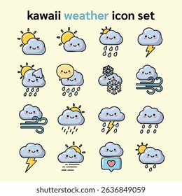 A set of kawaii weather icons in pastel color scheme. Includes cute illustrations of sun, clouds, rain, moon, stars, and rainbow. Perfect for children's products, weather apps, planners, or stickers. 