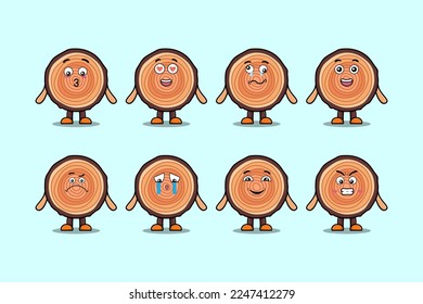 Set kawaii Wood trunk cartoon character with different expressions cartoon face vector illustrations