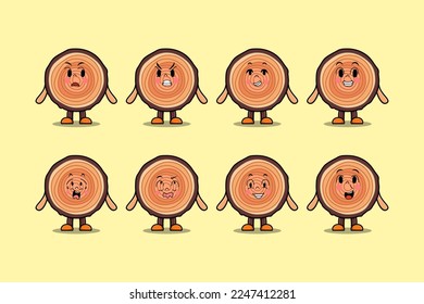 Set kawaii Wood trunk cartoon character with different expressions cartoon face vector illustrations