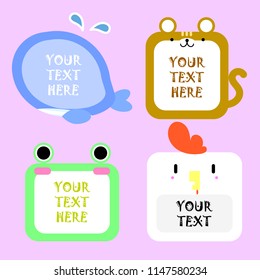 set of kawaii,cute,sweet,colorful,pastel  animal pet set frame text box speech bubble balloon think,speak,talk,template,art flat,design,vector,illustration banner with whale,squirrel,frog,and chicken