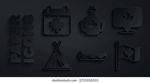 Set Kayak, Canadian maple leaf, Indian teepee or wigwam, Flag of Canada, Bottle syrup and day with icon. Vector