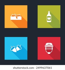 Set Kayak or canoe, Beer bottle, Acorn and Hockey helmet icon. Vector