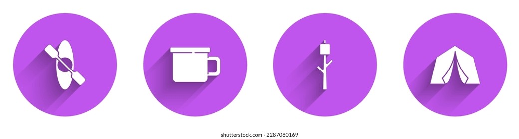 Set Kayak or canoe, Camping metal mug, Marshmallow on stick and Tourist tent icon with long shadow. Vector