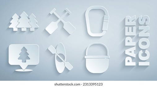 Set Kayak or canoe, Carabiner, Location of the forest, Camping pot, Paddle and Forest icon. Vector