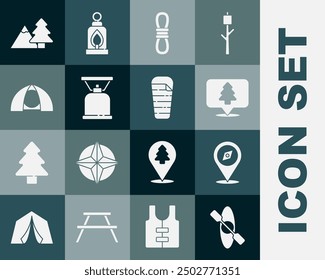 Set Kayak or canoe, Compass, Location of the forest, Climber rope, Camping gas stove, Tourist tent, Mountains with tree and Sleeping bag icon. Vector