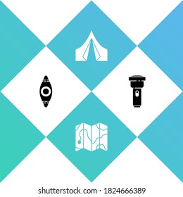 Set Kayak or canoe, Location of the forest on map, Tourist tent and Flashlight icon. Vector.