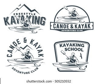 Set of kayak and canoe logo, emblems and badges. Man in a kayak vector illustration.