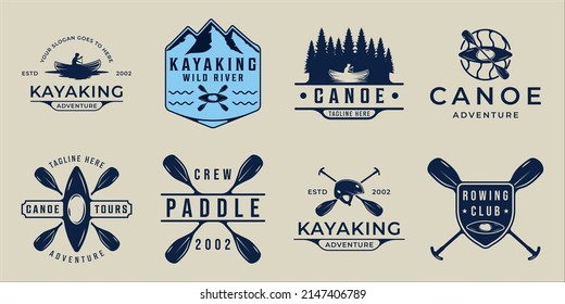 set of kayak or canoe logo vector vintage illustration template icon graphic design. bundle collection of various paddle or rowing sign or symbol for adventure sport travel and business