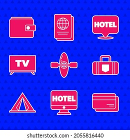Set Kayak or canoe, Online hotel booking, Credit card, Suitcase, Tourist tent, Smart Tv, Location and Wallet icon. Vector
