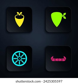 Set Kayak or canoe and paddle, Cowboy bandana, Old wooden wheel and . Black square button. Vector