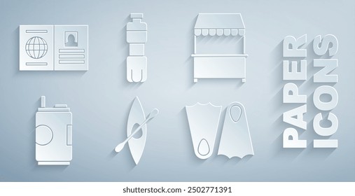 Set Kayak or canoe and paddle, Street stall with awning, Soda, Rubber flippers, Bottle of water and Passport icon. Vector