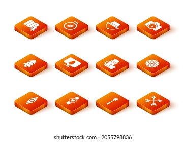 Set Kayak or canoe, Smart watch showing heart beat rate, Tree, Location of the forest, Marshmallow stick, Thermos container and cup, Crossed arrows and Wind rose icon. Vector