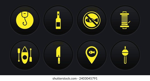Set Kayak or canoe, Spinning reel for fishing, Knife, Location, No, Bottle of vodka, Fishing float and hook icon. Vector