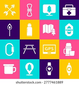 Set Kayak or canoe, Thermos container and cup, Rafting boat, Location of the forest, Canteen water bottle, Burning match with fire, Crossed arrows and  icon. Vector