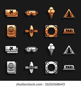 Set Kayak or canoe, Tourist tent, Taxi car roof, Lifebuoy, Passport, Ice cream in waffle cone, Airline ticket and Ski goggles icon. Vector