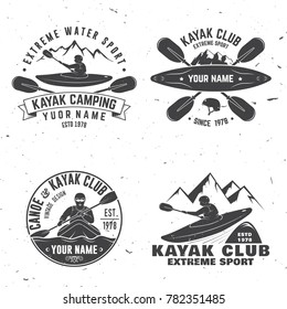 Set of kayak club badge. Vector illustration. Concept for shirt, print, stamp or tee. Vintage typography design with mountain and kayaker silhouette. Extreme water sport.