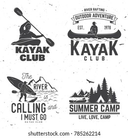 Set of kayak club badge. Vector illustration. Concept for shirt, print, stamp or tee. Vintage typography design with mountain, river and kayaker silhouette. Extreme water sport.