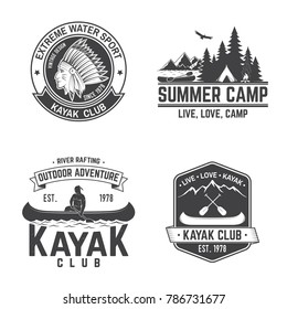 Set of kayak club badges. Vector illustration. Concept for shirt, print, stamp or tee. Vintage typography design with mountain, river and kayaker silhouette. Extreme water sport.