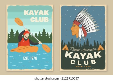 Set of kayak club retro posters. Vector. Vintage typography design with kayaker and american indian silhouette. Extreme water sport. Outdoor adventure emblems, kayak patches.