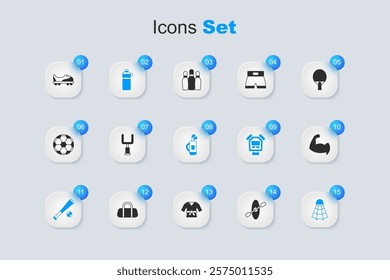 Set Kayak and paddle, American football goal post, Fitness shaker, Baseball bat with, Badminton shuttlecock, Bodybuilder showing his muscles, Football shoes and Golf bag clubs icon. Vector