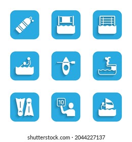 Set Kayak and paddle, Assessment of judges, Windsurfing, Swimmer diving into pool, Flippers for swimming, Water polo,  and Aqualung icon. Vector