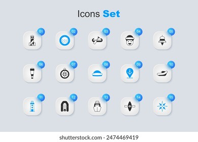 Set Kayak and paddle, Compass, Ship porthole, Lighthouse, Wind rose, Inflatable boat with motor,  and Sailor hat icon. Vector