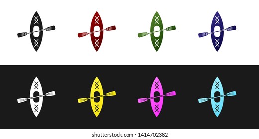 Set Kayak and paddle icon isolated on black and white background. Kayak and canoe for fishing and tourism. Outdoor activities. Vector Illustration