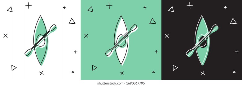 Set Kayak and paddle icon isolated on white and green, black background. Kayak and canoe for fishing and tourism. Outdoor activities.  Vector Illustration