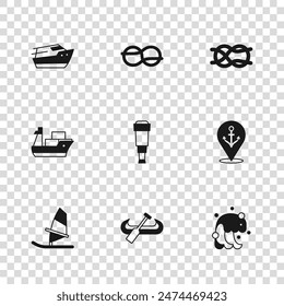 Set Kayak and paddle, Location with anchor, Tsunami, Spyglass telescope lens, Nautical rope knots, Speedboat,  and Cargo ship icon. Vector