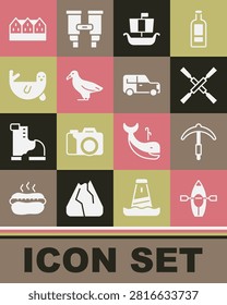 Set Kayak and paddle, Pickaxe, Oars or paddles boat, Viking ship Drakkar, Albatross, Fur seal animal, Norwegian wooden house and Car icon. Vector