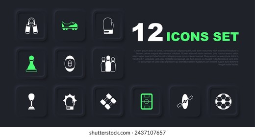 Set Kayak and paddle, Soccer football ball, American Football, field, Chess, Punch in boxing gloves, shoes and Dumbbell icon. Vector