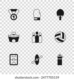 Set Kayak and paddle, Volleyball ball, Fitness shaker, Bowling pin, Racket, Medal, Boxing glove and Stadium icon. Vector