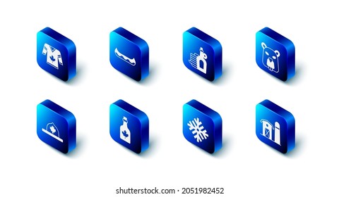 Set Kayak, Syrup with pancakes, Beaver animal, Farm house, Snowflake, Bottle of maple syrup, Canadian ranger hat and Hockey jersey icon. Vector