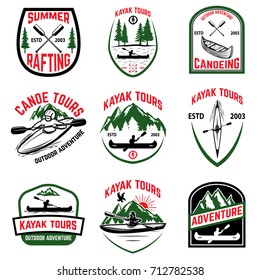 Set of kayak tours emblems. Kayaking, canoeing. Design element for emblem, sign, label, logo. Vector illustration