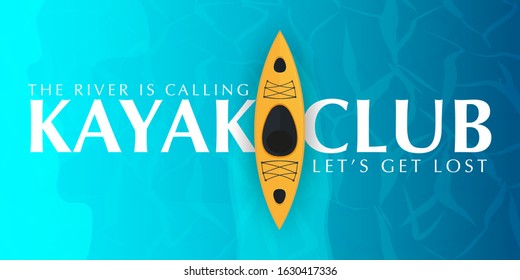 Set of Kayaking banners with top view on the yellow kayak. Summer Sea activities