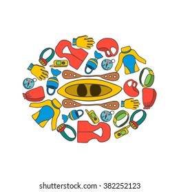 Set kayaking equipment. Illustration with kayak, paddle, jacket and helmet for extreme sport.