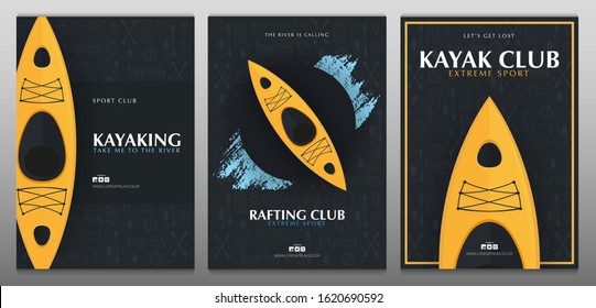 Set of Kayaking or rafting banners with yellow kayak and hand draw doodle background