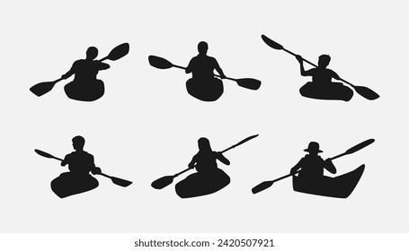 set of kayaking silhouette front view. isolated on white background. water sports, transport, adventure, etc. vector illustration.