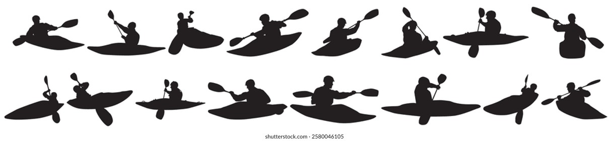 set of kayaking silhouette front view. isolated on white background. water sports, transport, adventure, etc. vector illustration.