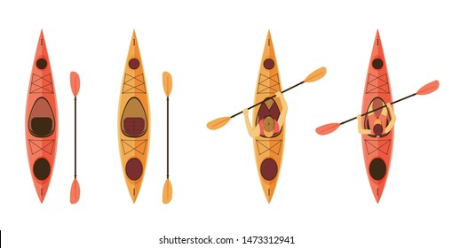Set of kayaks for outdoors activities, fishing. Empty kayaks and with man and woman sitting inside with paddle. Vector illustration