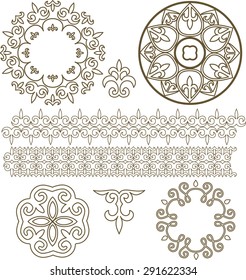 set Kazakh Asian ornaments and patterns. For decoration of dishes, paintings on cloth.